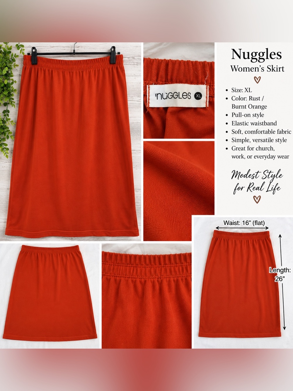 Nuggles XL Rust Burnt Orange Pull-On Midi Skirt Elastic Waist